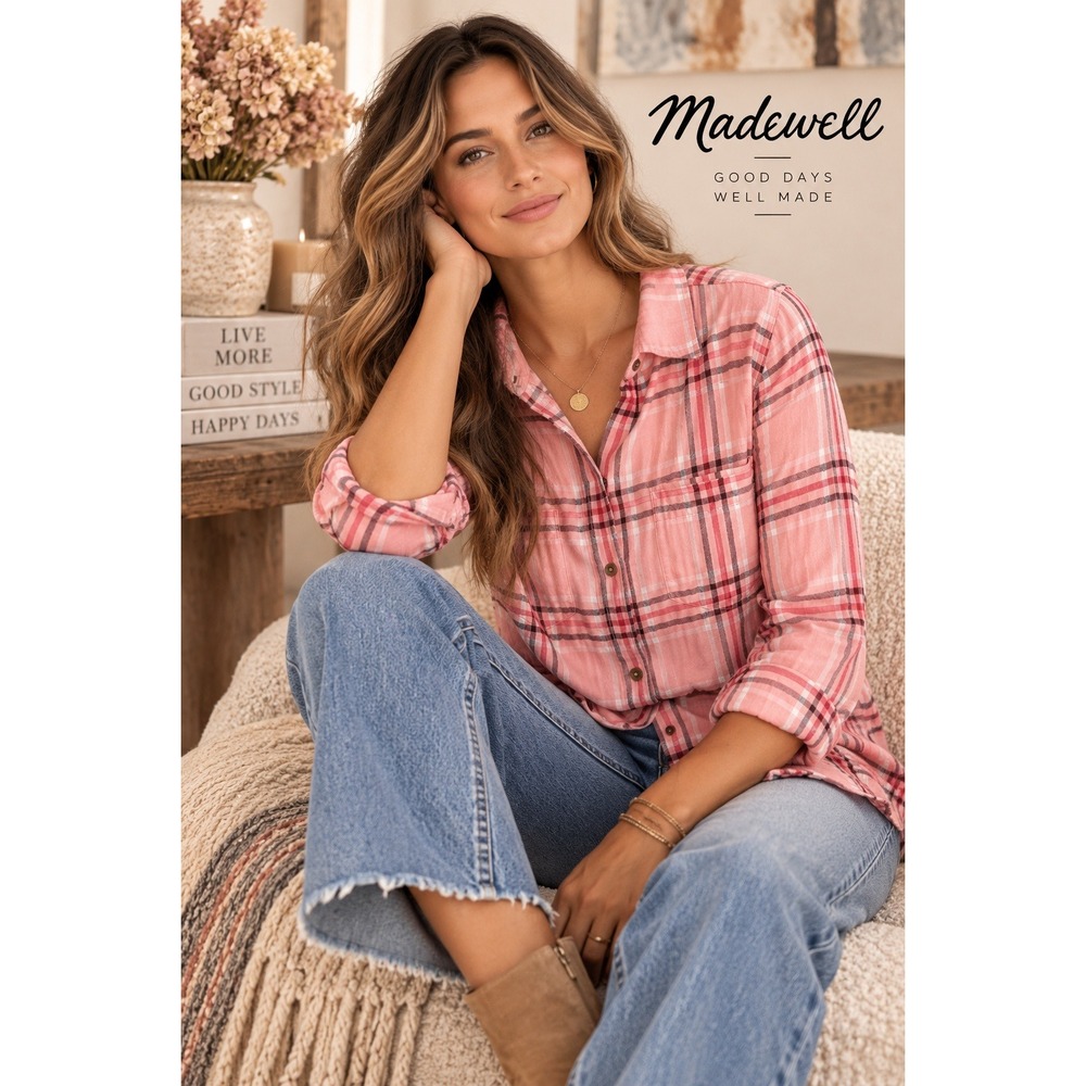 Madewell Classic Ex-Boyfriend Shirt Pink Red Plaid Cotton Button Down Casual XS